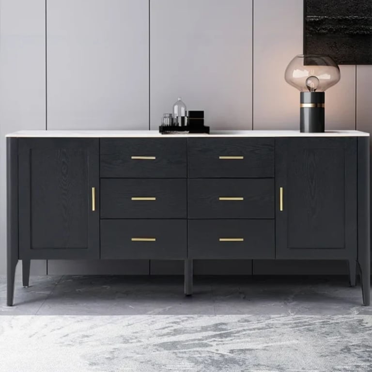 Lisco Sideboard – Natural Wood with Marble Top and Golden Handles