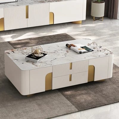 Élivane – Coffee Table & TV Unit Set with Marble and Gold Accents