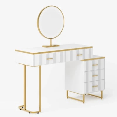 Valencia Vanity Set – Natural Wood with LED Mirror & Pouf Featuring Gold Stainless-Steel Details