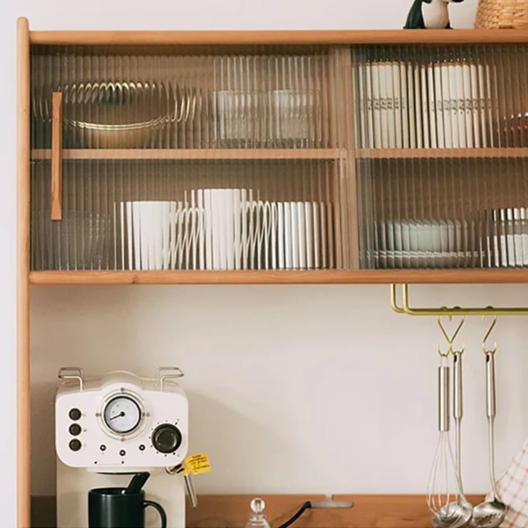 Prosy Kitchen Cabinet – Natural Wood with Glass Doors and Gold Handles