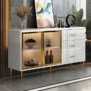 Klamf Sideboard – Natural Wood with Glass Doors and Golden Accents