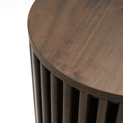 Klever Round Side Table with Slatted Design – Natural Wood