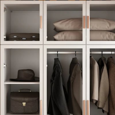 Picture of Paolo Modern wardrobe with glass doors and natural wood lighting