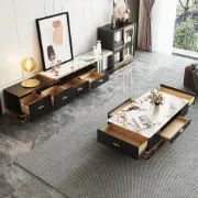 Nocturne – TV Unit and Coffee Table Set in Natural Wood with Gold Stainless Steel Accents and Marble-Look Top