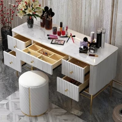 Vanity Dressing Table – Marble-Effect Top with Gold Legs