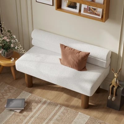 Liora Upholstered Bench with Curved Backrest – Natural Wood