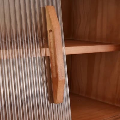 Prosy Kitchen Cabinet – Natural Wood with Glass Doors and Gold Handles