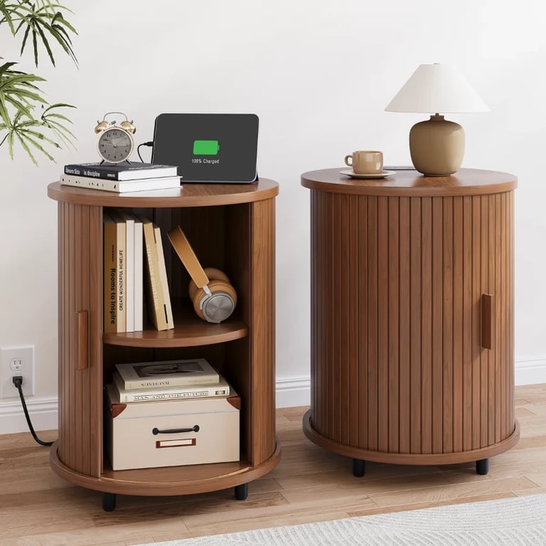 Luna – Round Side Table with Storage – Natural Wood