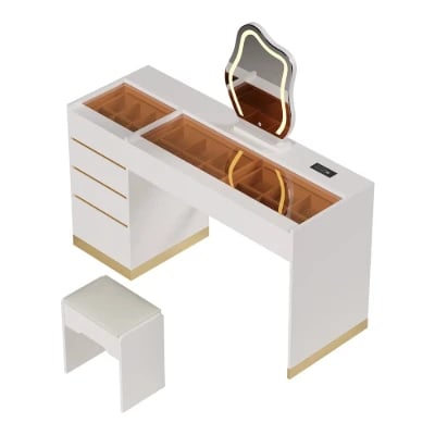 Aurielle – Natural Wood Vanity Set with Chair, LED Mirror, and Multiple Storage Drawers