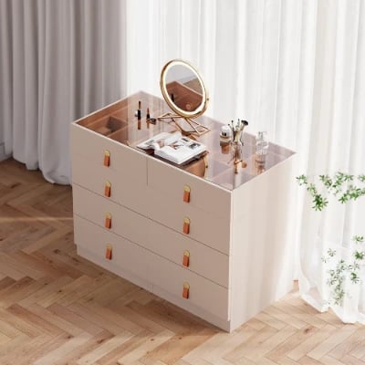 Verona Vanity Set – Dual Natural Wood Storage Cabinets with Elegant Glass Top and Organizer