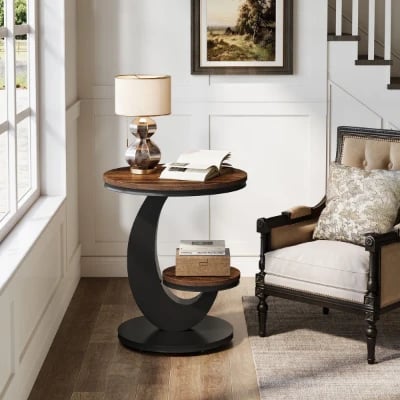 Cairo Side Table with Curved Design & Lower Shelf – Natural Wood