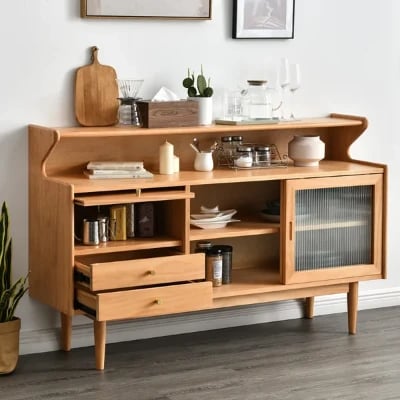 Crase Kitchen Sideboard – Natural Wood with Glass Doors
