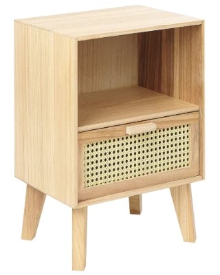 Liora Natural Wood Bedside Table – Open Shelf & Woven Drawer