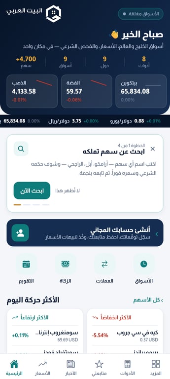 قائمة أسعار الأسهم داخل تطبيق البيت العربي