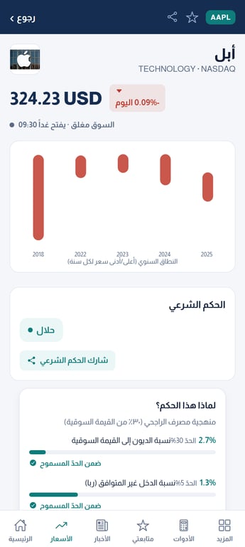 صفحة فحص السهم الحلال في تطبيق البيت العربي