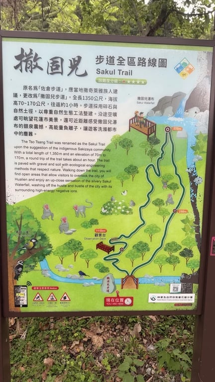 Sakul Trail entrance signboard: 1,350 m loop, 70-170 m elevation, 1-hour return, originally Tso Tsang, renamed by Sakizaya community — Eye Taiwan