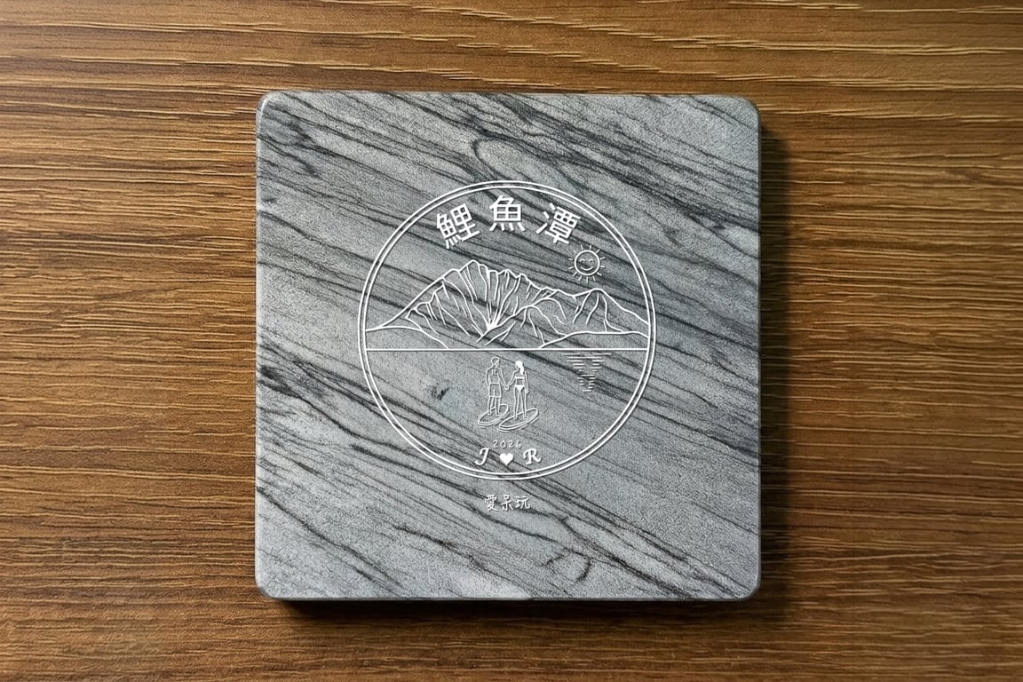 鯉魚潭戀人紀念大理石杯墊, 雷雕兩人名字與愛心