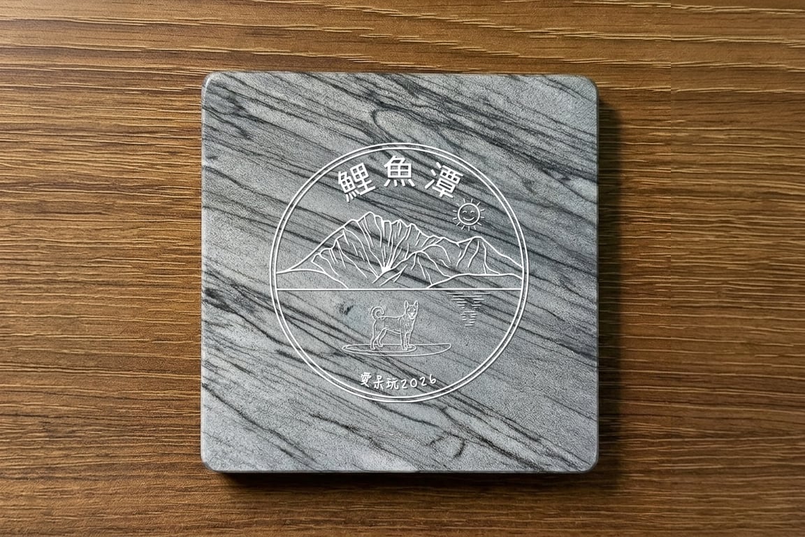 鯉魚潭毛孩同樂紀念大理石杯墊, 雷雕狗狗與年份