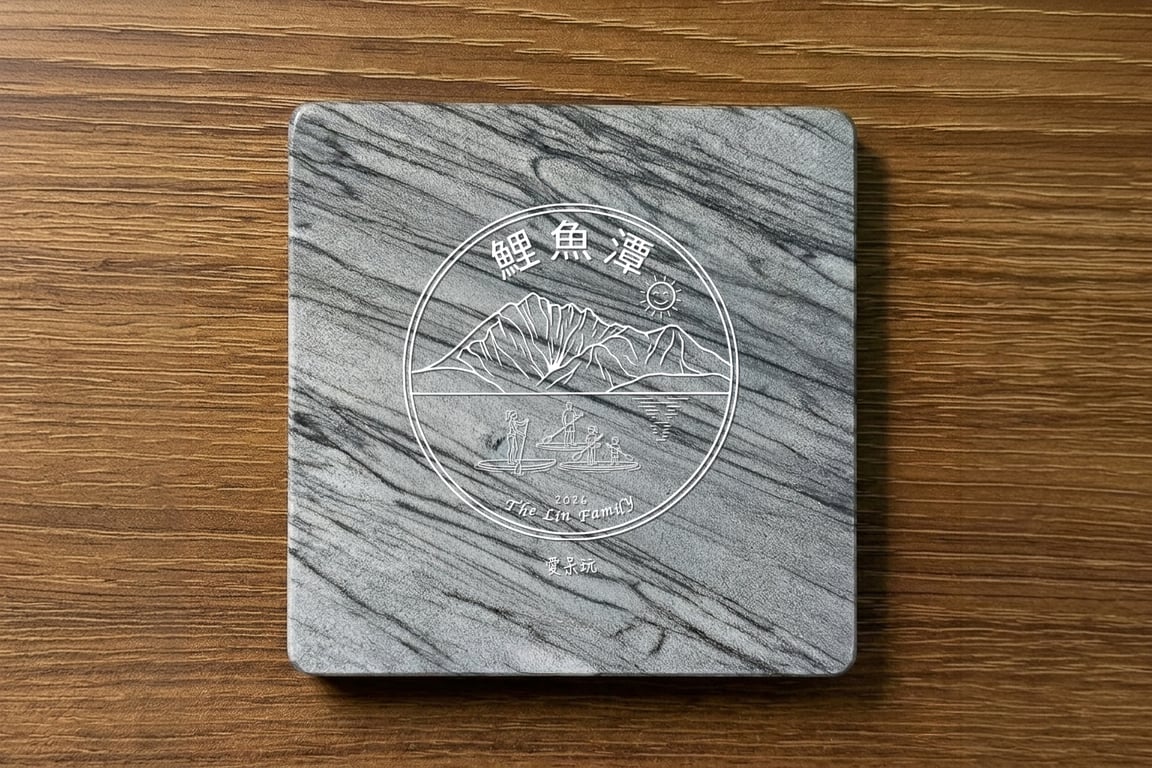 鯉魚潭家庭紀念大理石杯墊, 雷雕全家祝福語
