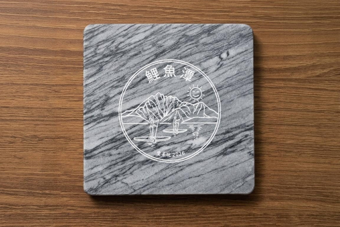 鯉魚潭手作大理石杯墊, 雷雕山水與 SUP 剪影 + 年份