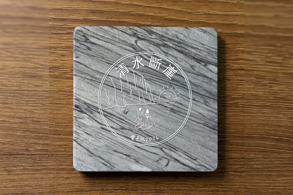 清水斷崖手作大理石杯墊, 雷雕海與崖 + 年份