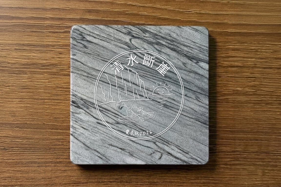 清水斷崖獨木舟手作大理石杯墊, 雷雕海與崖 + 年份