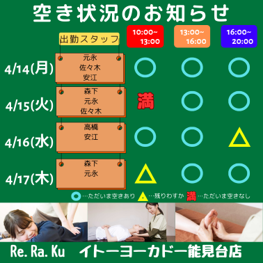 4月14日～17日までの空き状況と出勤スタッフのお知らせ♪