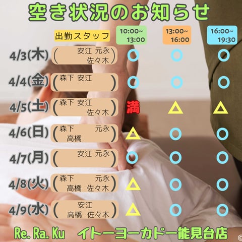 4月3日～9日までの空き状況と出勤スタッフのお知らせ♪