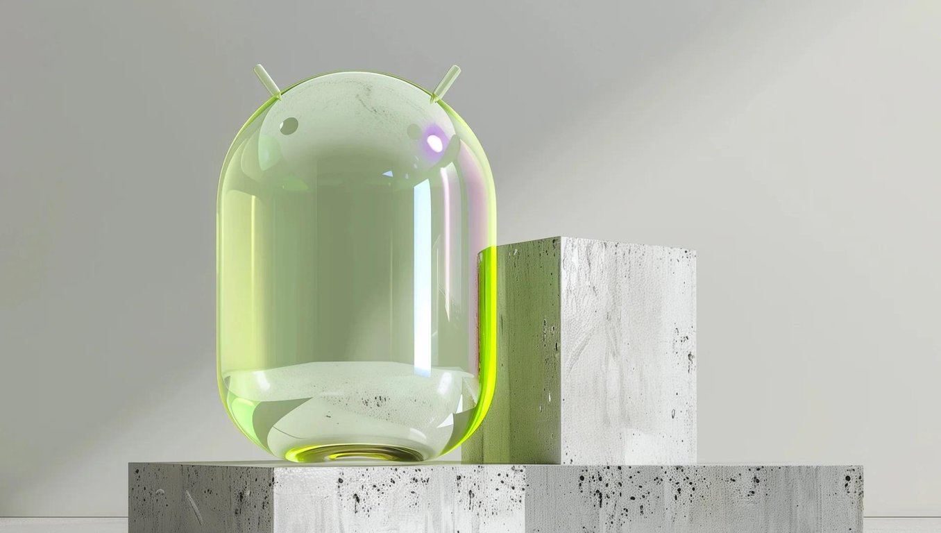 Translucent green Android figure on a concrete plinth