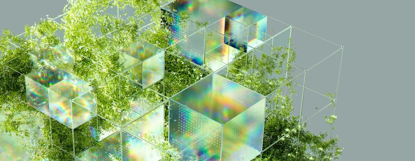 Abstract render of translucent cubes among foliage