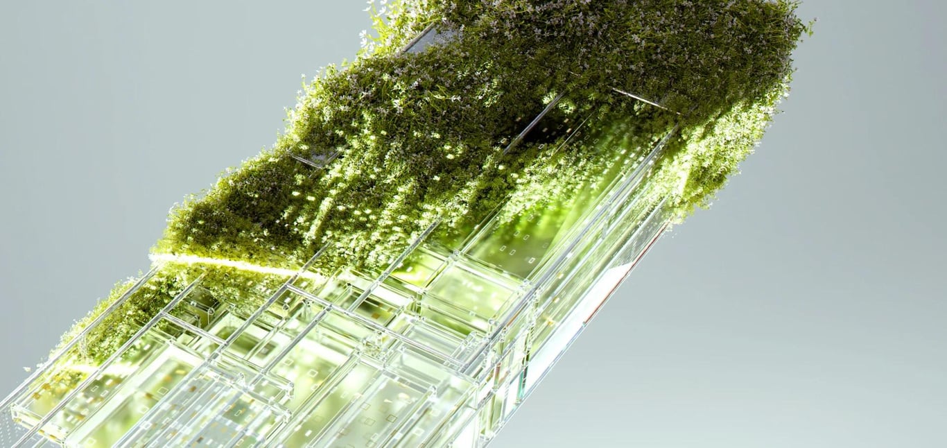 Abstract render of foliage growing through a glass structure