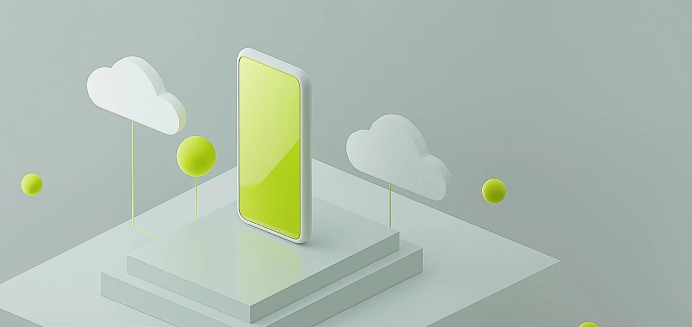 Isometric render of a phone, clouds and spheres on a plinth