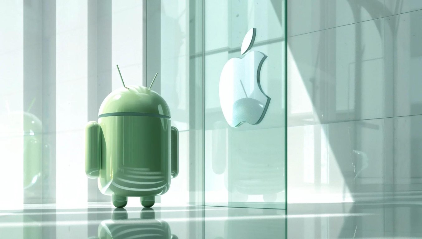 Android figure and Apple logo reflected in glass