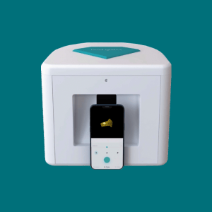 The GemLightbox Pro with a diamond ring on a black background viewed through a a smartphone screen 