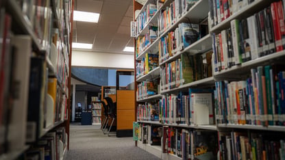 Bookshelves in library