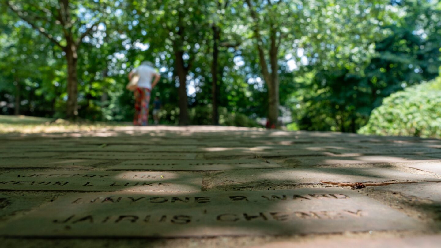 Engraved bricks in path