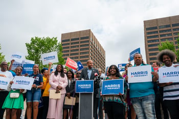 A group of Democratic elected leaders, activists, and organizers rally for Kamala Harris for President in Liberty Plaza across the street from the Georgia State Capitol.