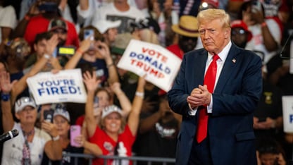 Republican presidential nominee and former U.S. President Donald Trump holds a campaign rally at the Georgia State University Convocation Center in Atlanta, Ga, on Saturday, August 3, 2024.
