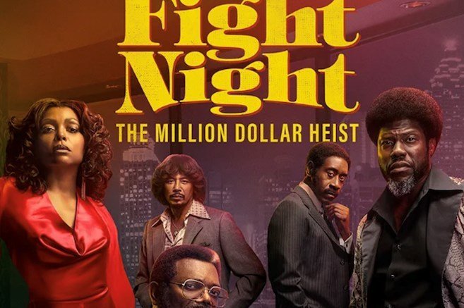 A poster for Fight Night. The background is magenta and orange, and the lettering is bold and yellow. Several actors are in the poster.