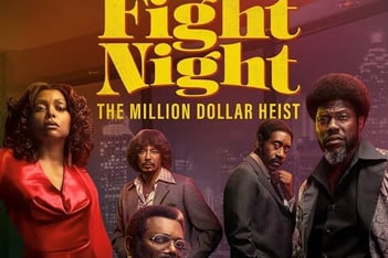 A poster for Fight Night. The background is magenta and orange, and the lettering is bold and yellow. Several actors are in the poster.