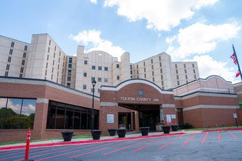 An exterior photo of the Fulton County Jail. (Matthew Pearson/WABE)