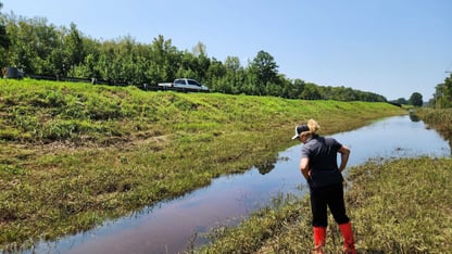 Jill Nagel with the Georgia Department of Transportation surveys a drainage ditch with a high water level along Route 301 near Statesboro.