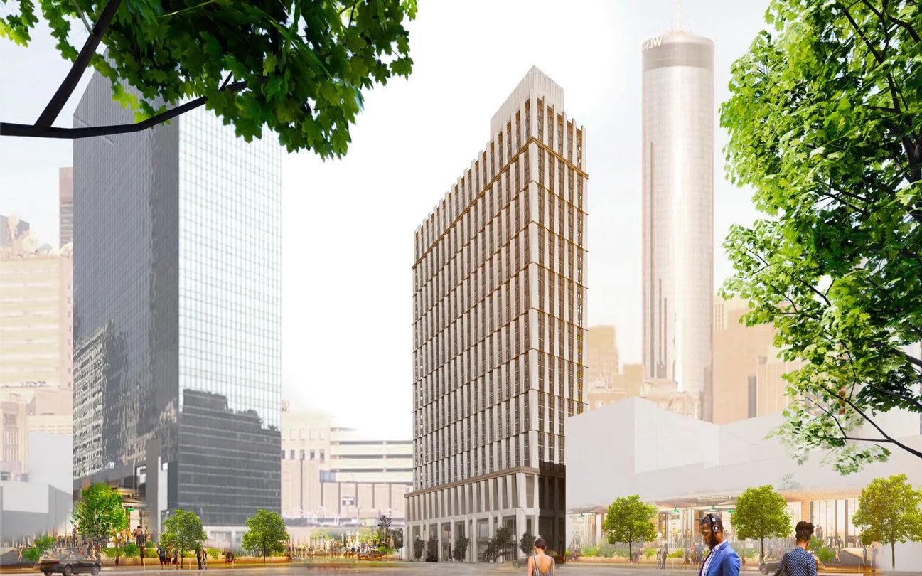 A projected image of a high-rise building in a downtown area.