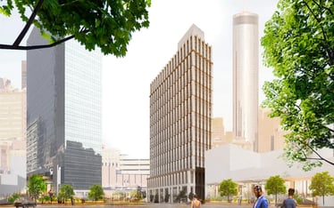 A projected image of a high-rise building in a downtown area.