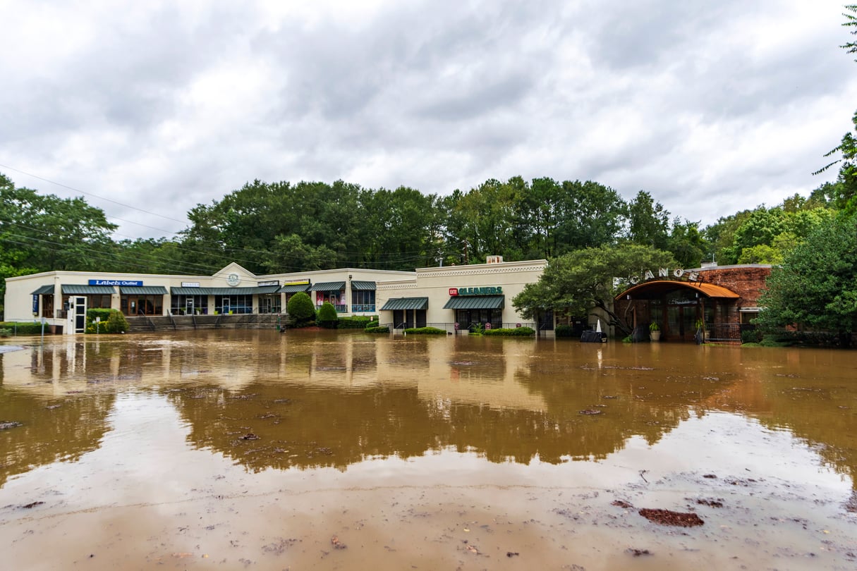 Canoe, a restaurant, and a shopping center is surrounded by brown water.