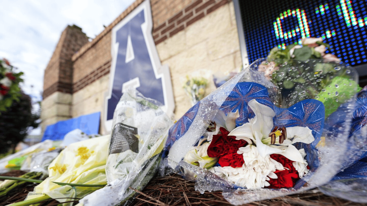A flower memorial at Apalachee High School.
