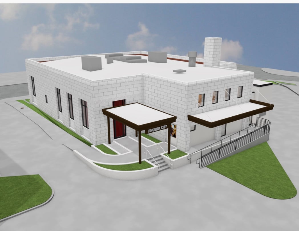 A rendering of a white building