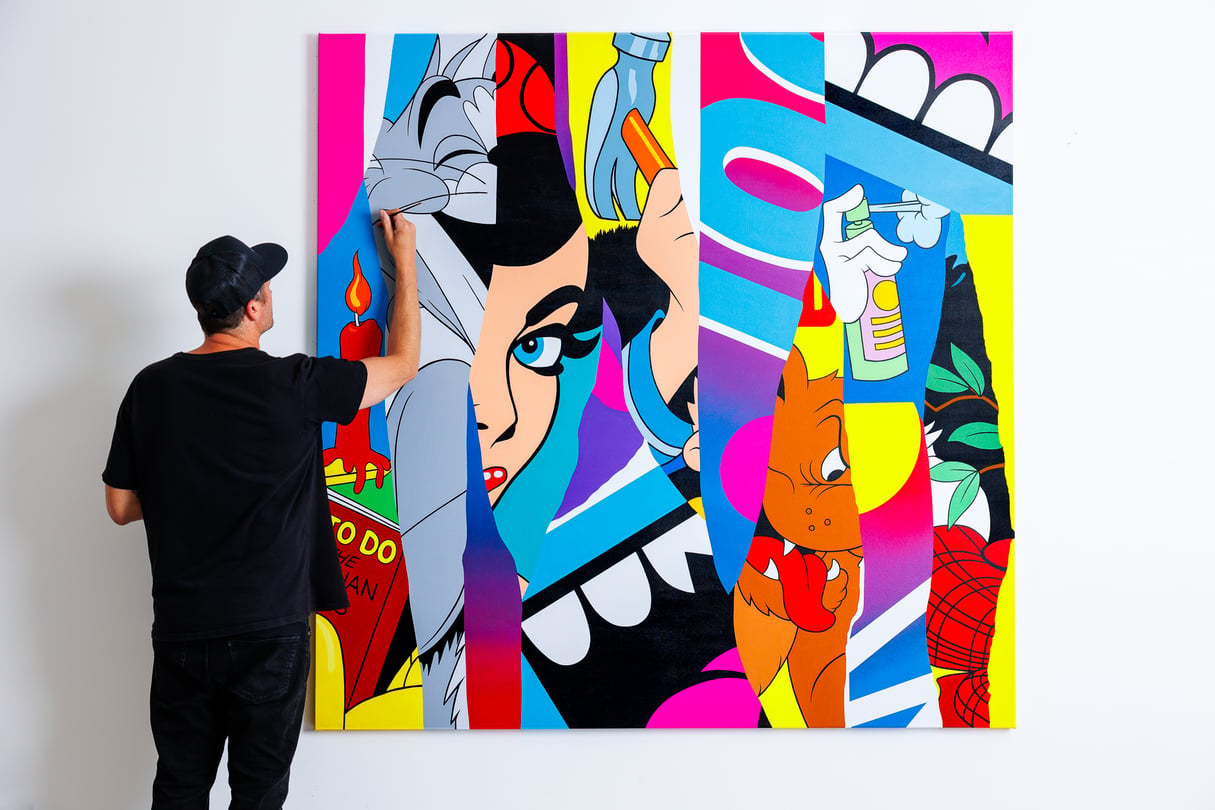 A piece of artwork that has several vertical stripes in pop-art style.