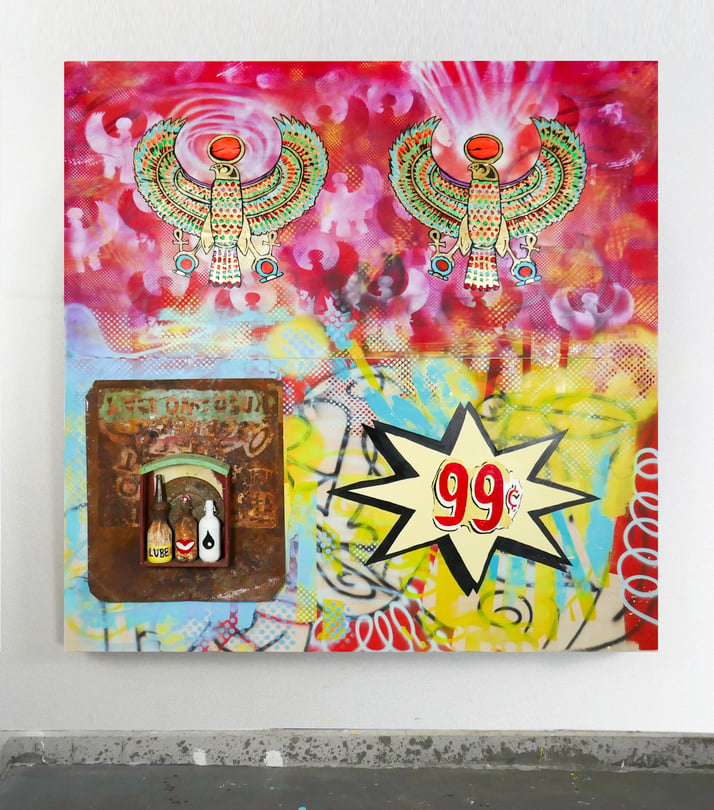 A piece of artwork showing two birds against a reddish background, as well as a spiked graphic that says 99.