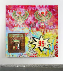 A piece of artwork showing two birds against a reddish background, as well as a spiked graphic that says 99.